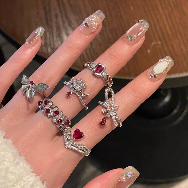 Medieval Brushed Imitation Pigeon Blood Red Ruby Open Ring, High-End Personality Diamond-Set Super Fairy Temperament Accessories