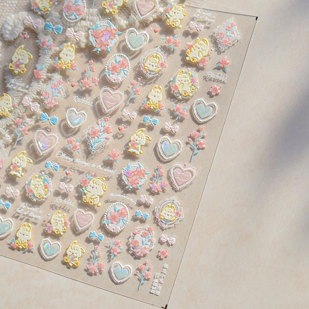 5D Cute Rabbit Love Peach Blossom Flower Yellow Nail Art Stickers Bowknot DIY Self Adhesive Rhinestone Manicure Decals