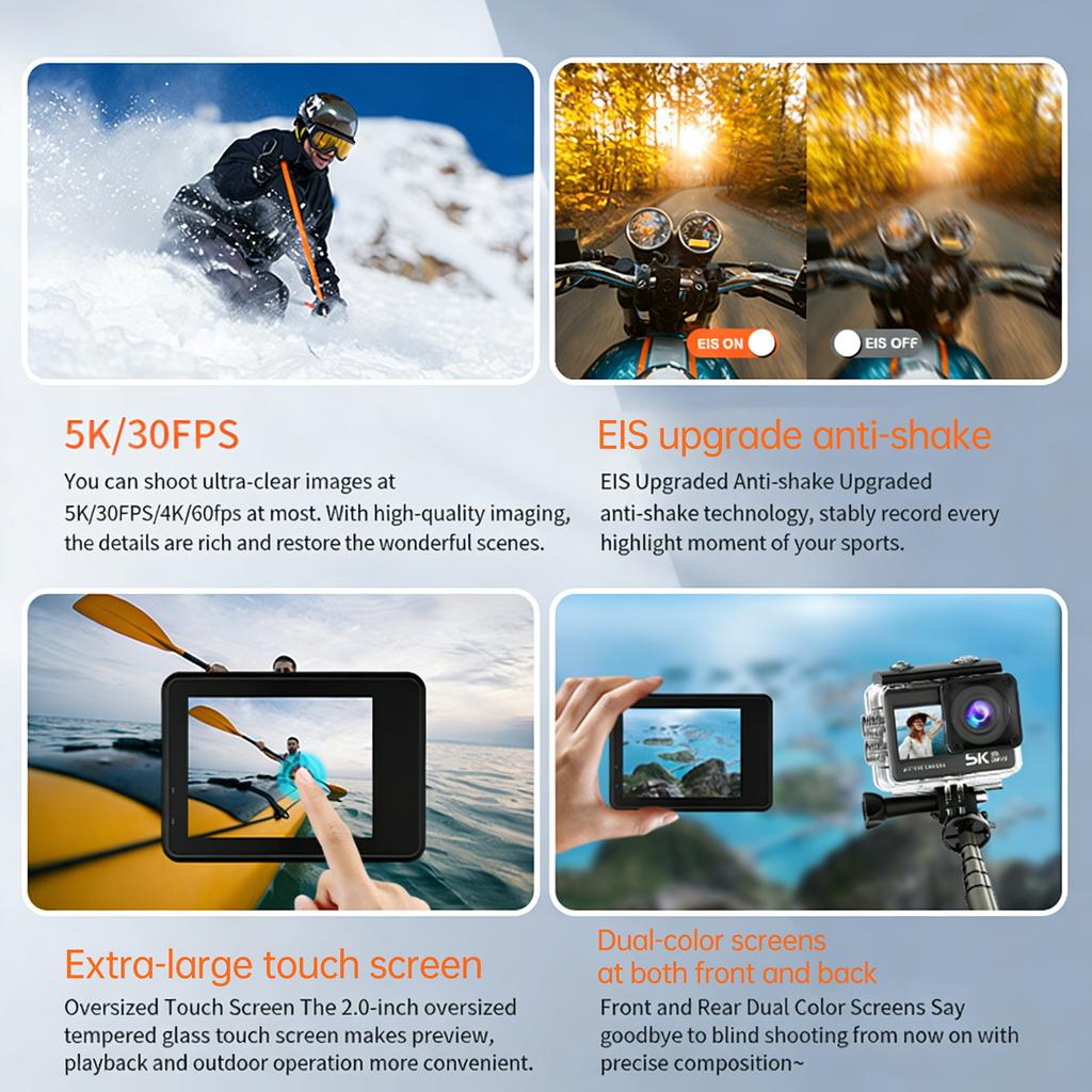 5K WiFi Action Camera 30FPS 2 Inch Touch Screen 170 degrees  Wide Angle 6 Axis Stabilization Underwater Camera with