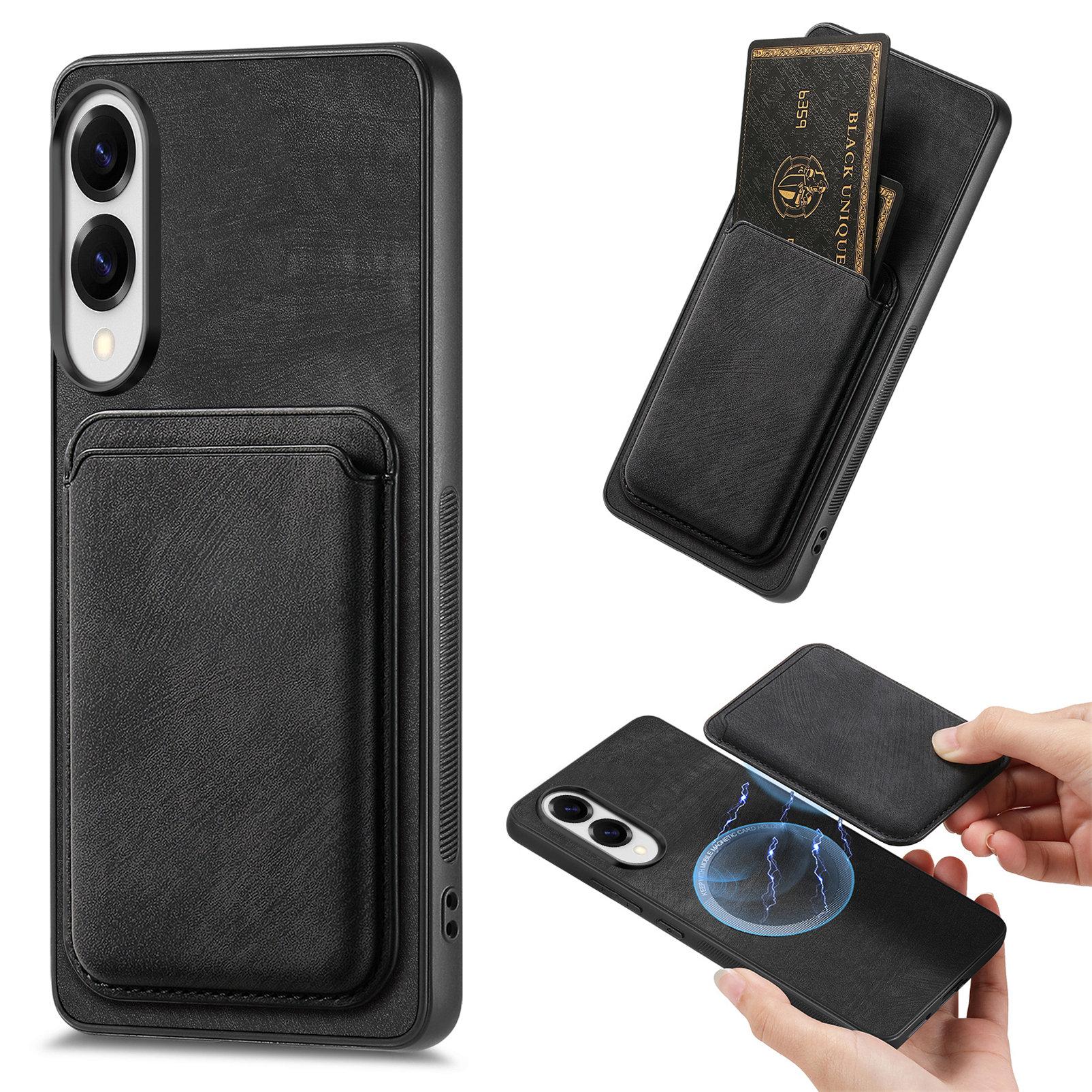 

For Samsung Galaxy S25 Edge Case Compatible with MagSafe Leather Back Cover with Detachable Card Holder Black