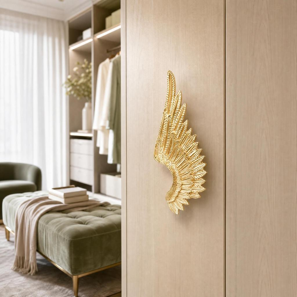 Angel Wing Cabinet Handle Unique BrassFinish Drawer Pull Decorative FeatherTextured Wardrobe