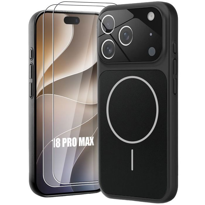 Coque pour iPhone 18 Pro Max, avec Protection Caméra Cercle Magnétique - Noir - 2 Verres Trempés