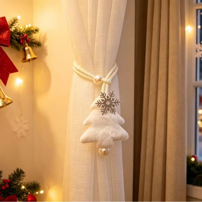 Adjustable Christmas Tree Curtain Tieback Exquisite Plush Snowflakes Curtain Rope Decorative With Ball Pendant