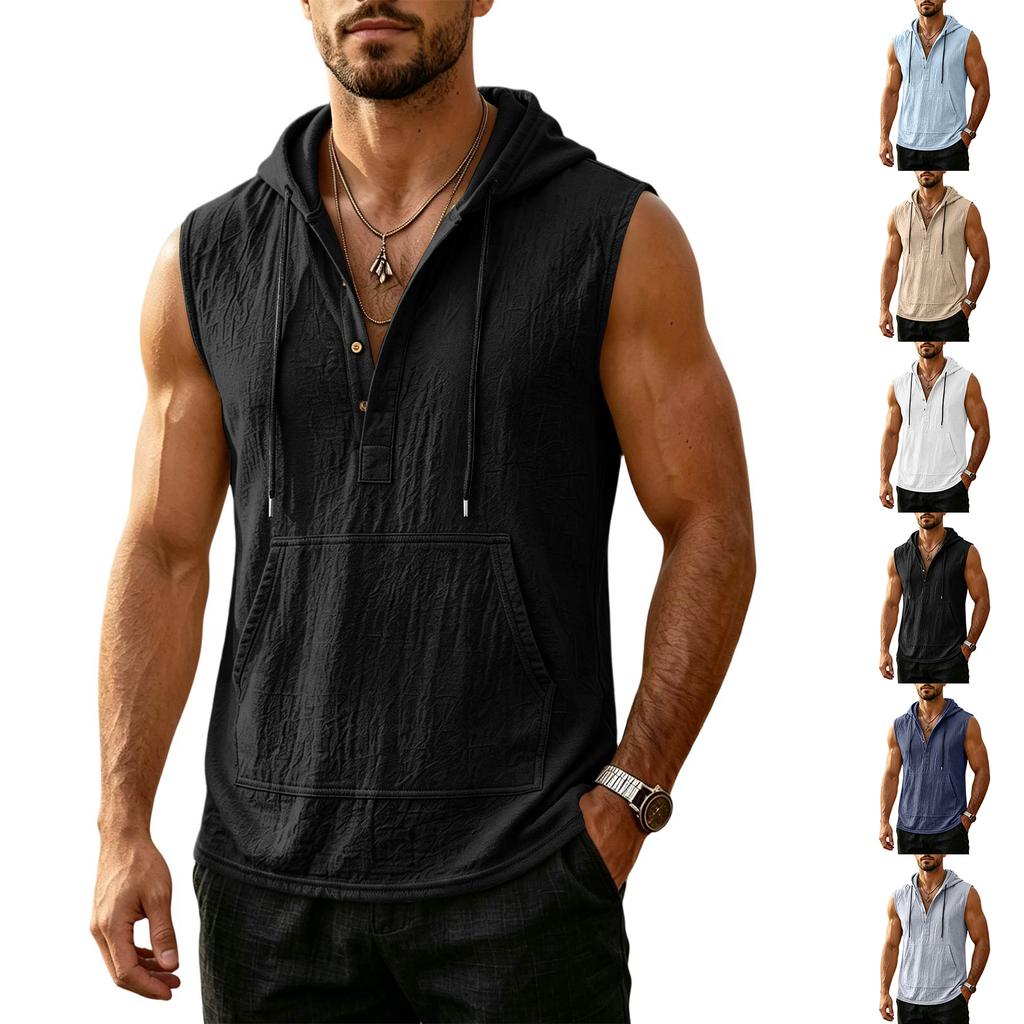 Men's Summer Loose Fit Sleeveless Hoodie Vest Casual Linen Pullover Shirt Lightweight Breathable Beachwear