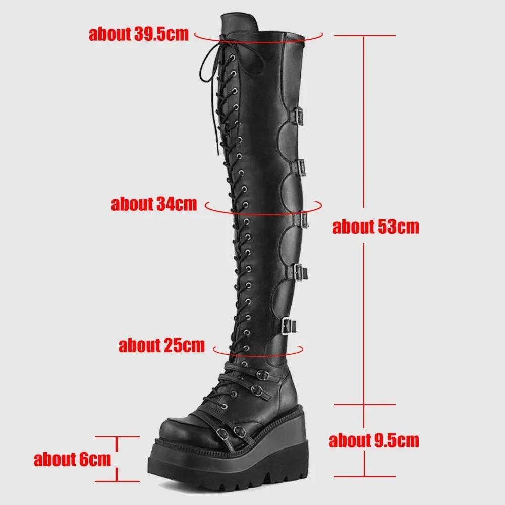 Mode Punk Overknee Stiefel Damen Plateauabsätze Gürtelschnalle Stiefel Motorrad Goth Schuh Oberschenkelhoch Flache Stiefel Übergröße 42 43