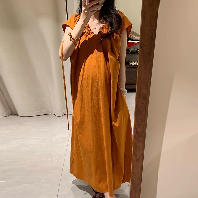 Stylish Summer Slimming French V-Neck Maternity Dress with Lace-Up Flutter Sleeves L