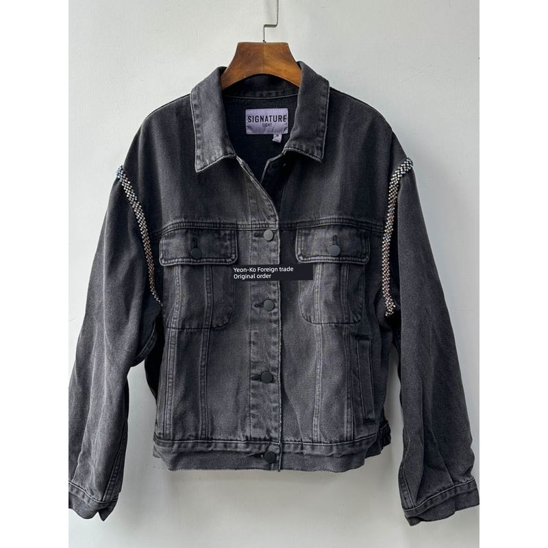 Los Angeles Single Super Cool Big Brand Same Style Boyfriend Style Handsome Profile Versatile Denim Jacket Shoulder Colorful Crystals