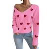 Women V Neck Long Sleeve Sequin Heart Print Knit Sweater Loose Fit Valentine Pullover Top