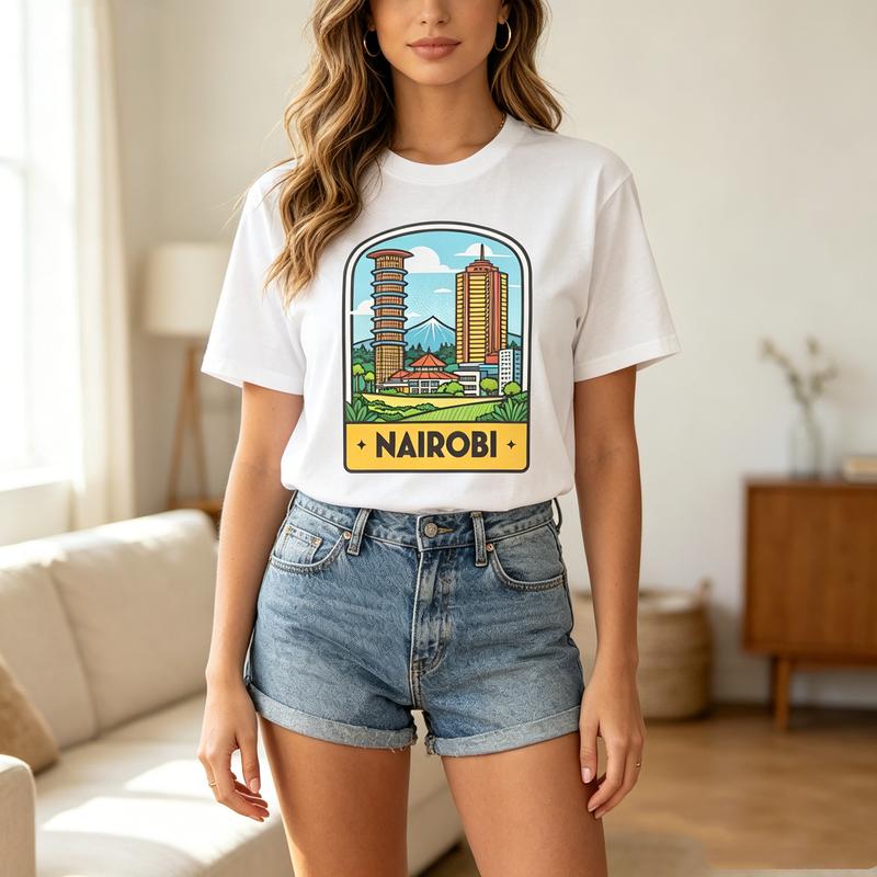 Nairobi City Landscape Graphic T Shirt Travel Souvenir Badge Print Unisex Soft Cotton Crew Neck Short Sleeve Casual Top
