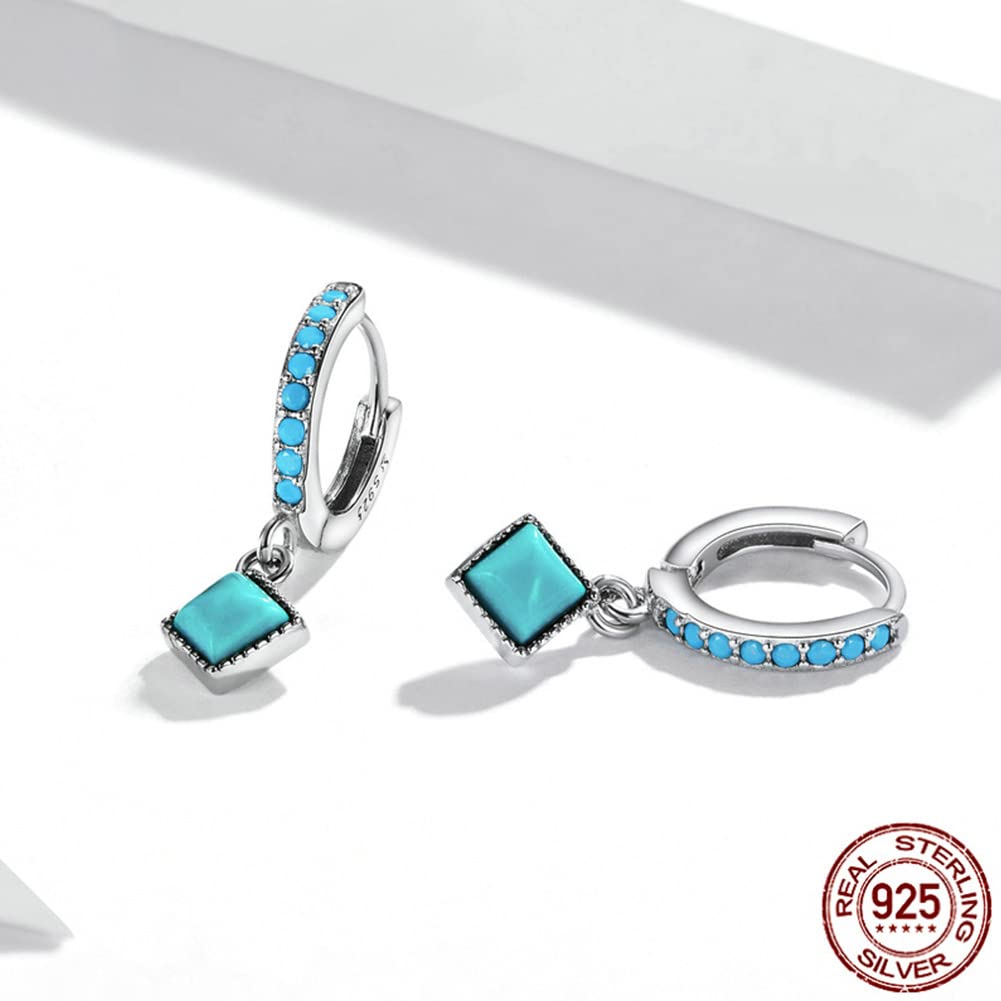 Rockyu Earrings for 925 Turquoise Square Hoop For For Both Pure Accessories Women, Small, Beautiful, Silver, Square, Geometric, Earrings, Diamond,