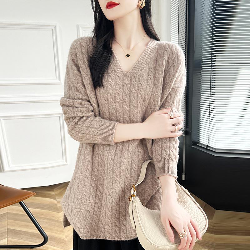 Women's Mid-Length Cable Knit Wool Sweater - Soft, Loose, V-Neck, Perfect for Autumn and Winter, Wear as Outer or Base Layer.