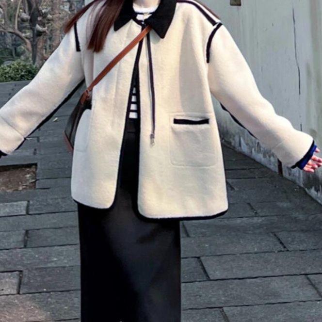 

2025 Winter Women s White Patchwork Lambswool Fur Casual Versatile Loose Jacket L [106-115 lbs]