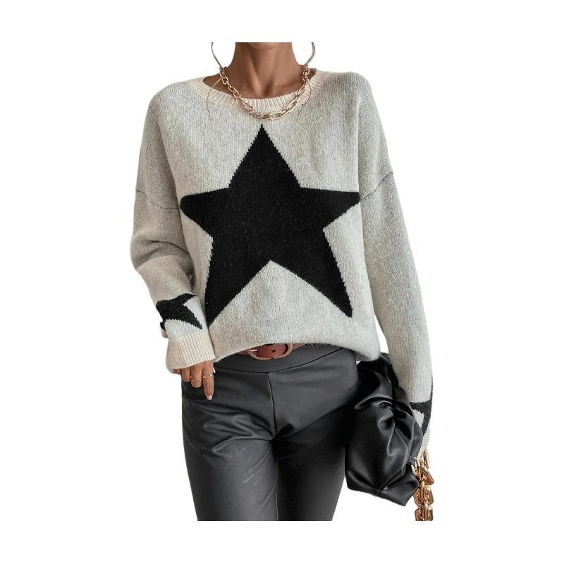 Women S Crew Neck Long Sleeve Pullover Knit Sweater Star Pattern