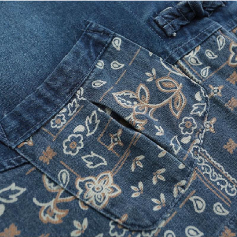 Ensemble Denim Grande Taille à Col Montant, Splicing Style Ethnique Femme, Ensemble Jean Deux Pièces Boucle Ample et Tendance