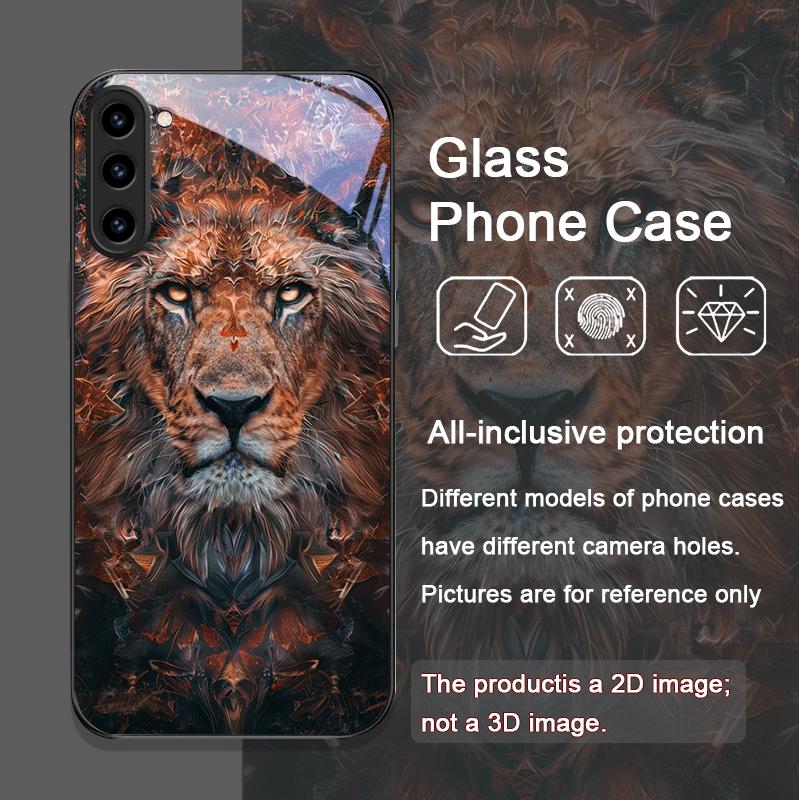 Luxurious Lion Pattern Tempered Glass Phone Case for Samsung Galaxy S25 Ultra S24 S23 Plus S22 S21 S20 FE M55 M54 5G Back Cover
