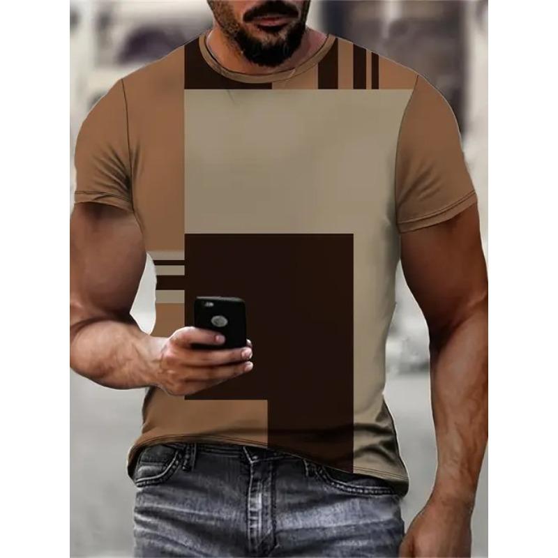 Summer Round Neck 3D Color block Print Top Fashionable Casual Short Sleeved Men's T-shirts