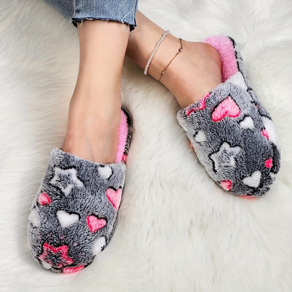 Indoor Non-Slip Fuzzy Slippers, Cute Heart and Star Pattern Slides, Plush Shoes | Plush Fabric Slides for Home Use, Casual Slip-Ons with Fleece Lining