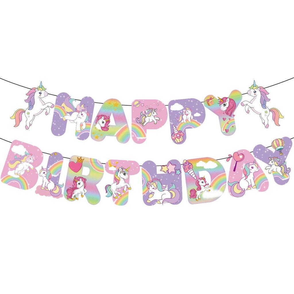 Unicorn-themed Girl Birthday Party Supplies Banner Latex Balloon Cake Topper Decoration Set
