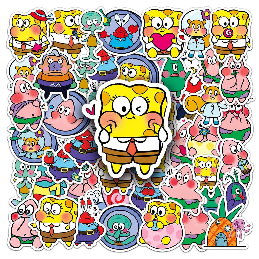 51-Piece Cute Cartoon SpongeBob, Patrick, and Mr. Krabs Waterproof Stickers Set for Journals