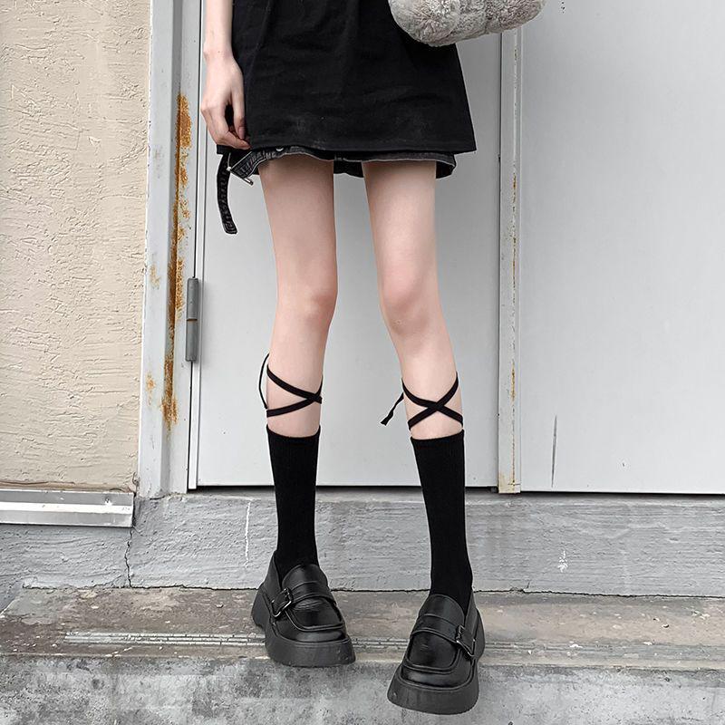 Black Over-the-Knee Lace Socks with Tie-Up Straps