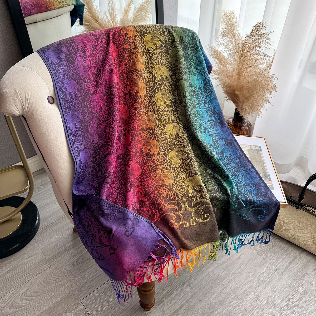 

Latest Elegant Women S Scarf Elephant Print Gradient Color Jacquard Tassels Shawl Perfect For Mardi Gras Beach Casual Wear