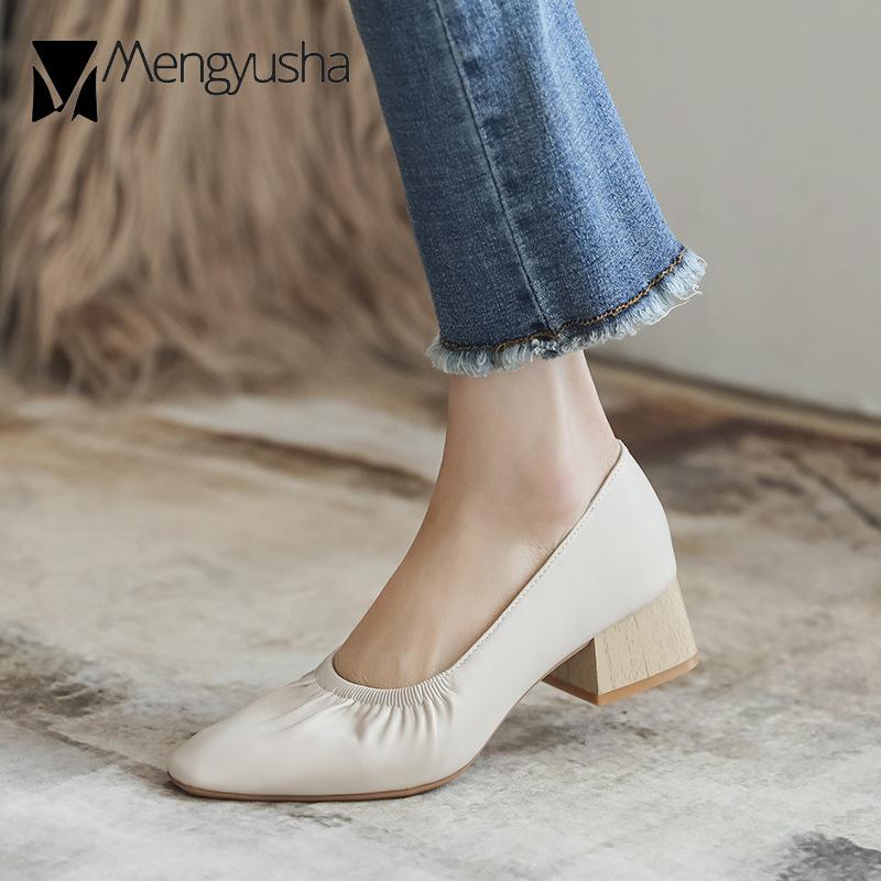 Fashion 2024 Brief Leather Shoes Woman Grandma Loafers Stretch Slip On Mary Jeans Femme Wood Heeled Pumps Ladies 4cm Medium High Heels
