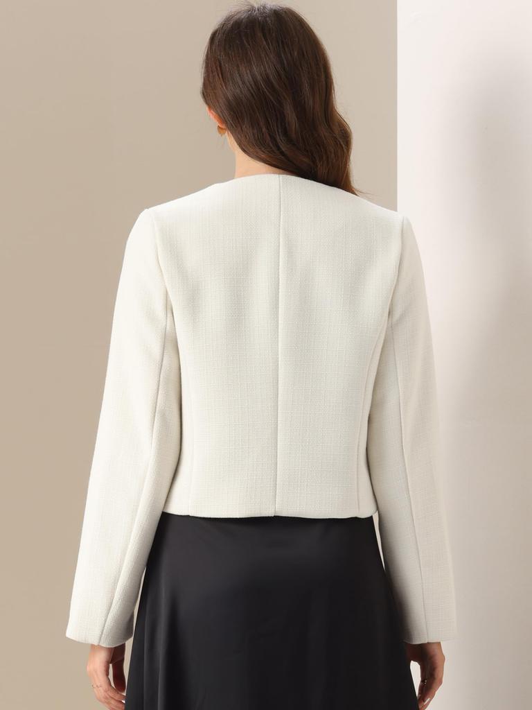 Allegra K Women's Cropped Tweed Jacket, Long Sleeve, Button-Down, Fall/Winter, Commuting, Business Blazer, White, Size M