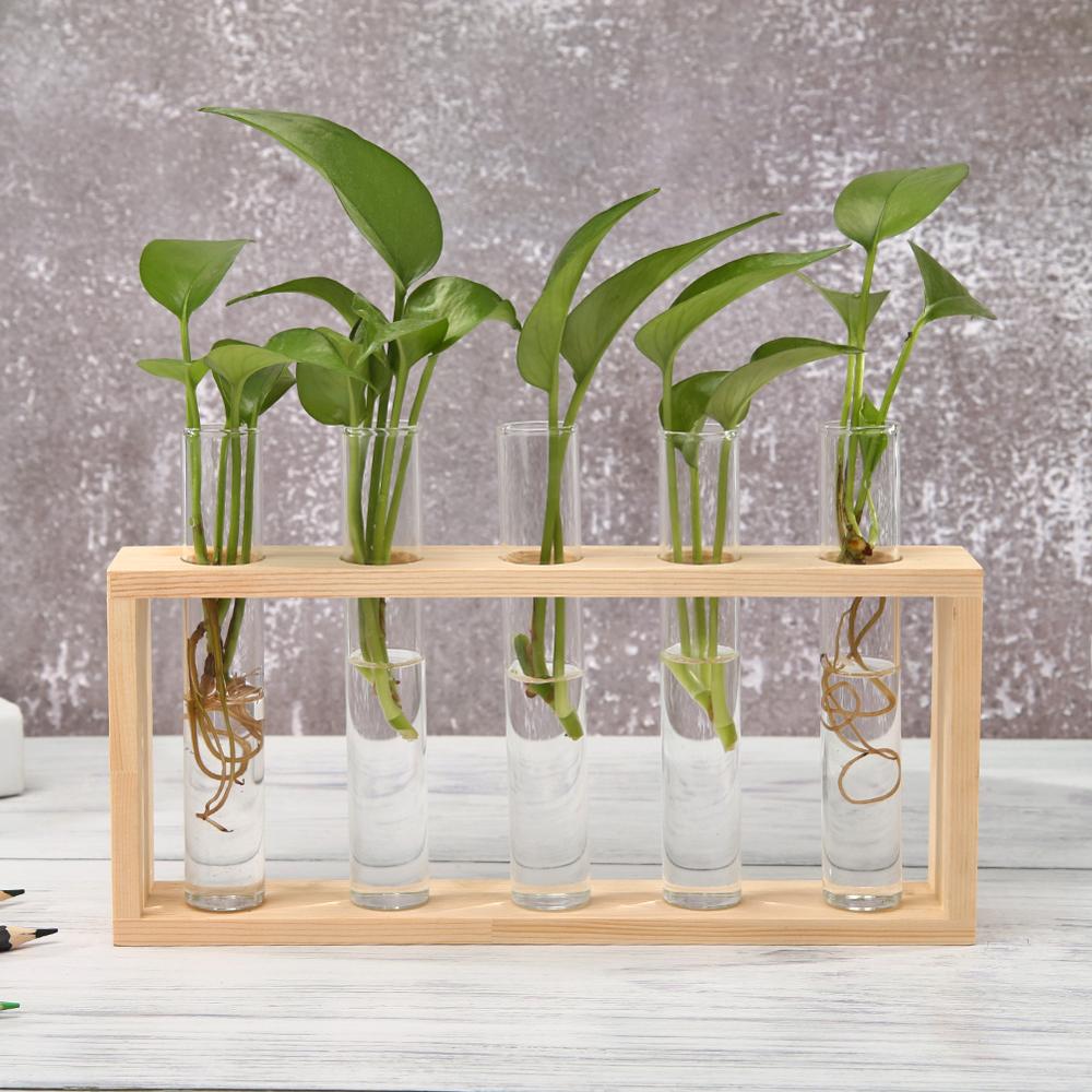 Glass and Wood Vase Planter Terrarium Table Desktop Hydroponics Tray Home Decor Plant Bonsai Flower Pot Hanging Pots with Wooden