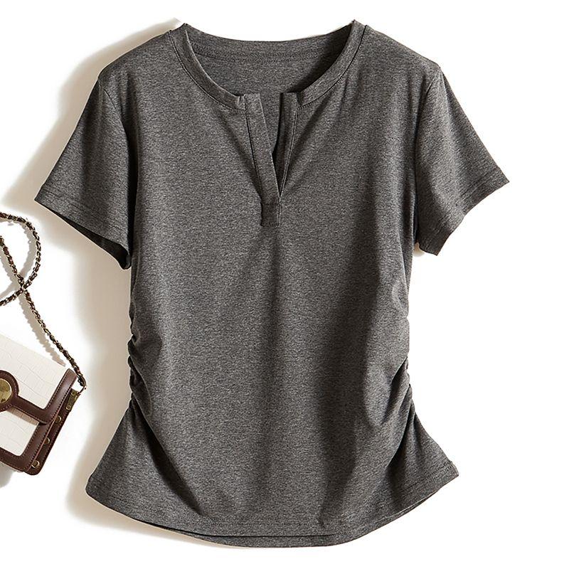 

Japan fashion Export Foreign Trade Order! Women Summer round Neck Stretch Cotton Double Side Pleat Slimming T-shirt Solid Lifting Temperament Grey L