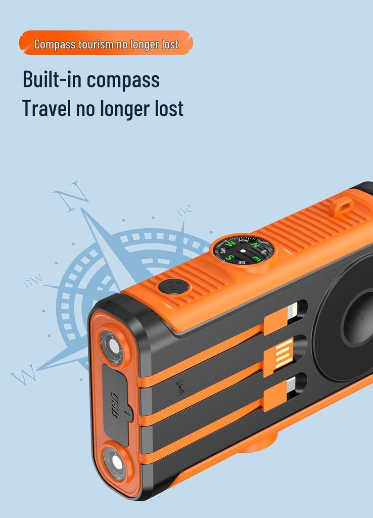 Solar Hand-Crank Power Bank & Magnetic Wireless Charger with PD 22.5W Fast Charging & Built-in Cable - Camping Mobile Power Supply.