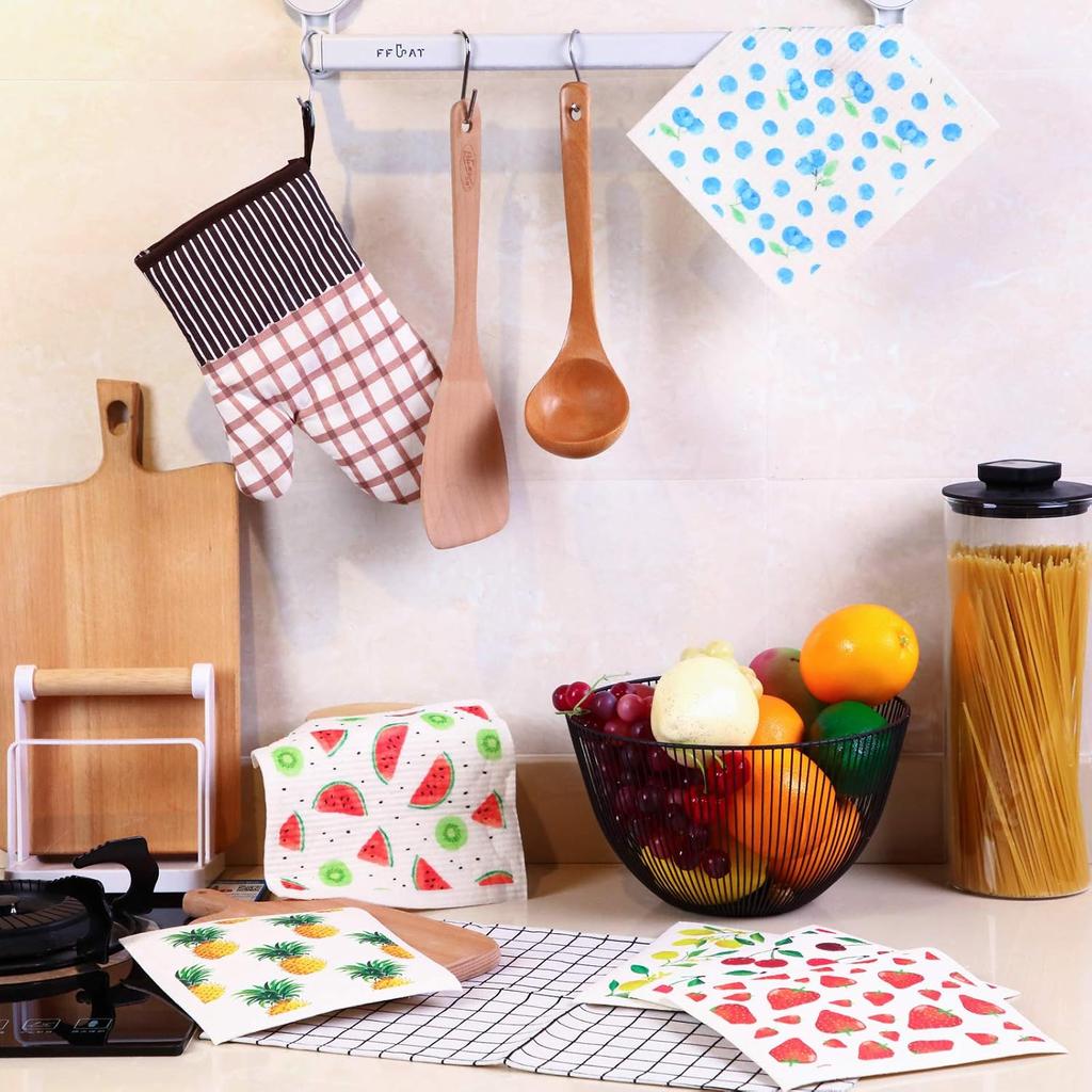 Patelai Mixed Fruit Swedish Kitchen Dishcloths Reble Dish Towels Absorbent and Fast Dry Cleaning Cloths for Kitchen Blueberry Cherry Strawberry Lemon