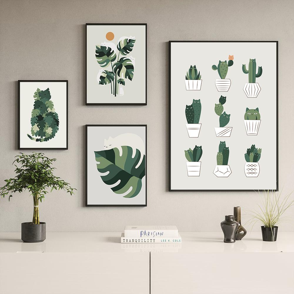 Nordic Animal Posters and Printed Canvas Paintings, Cat and Green Plant Walls, Art Plant Pictures, Children's Room