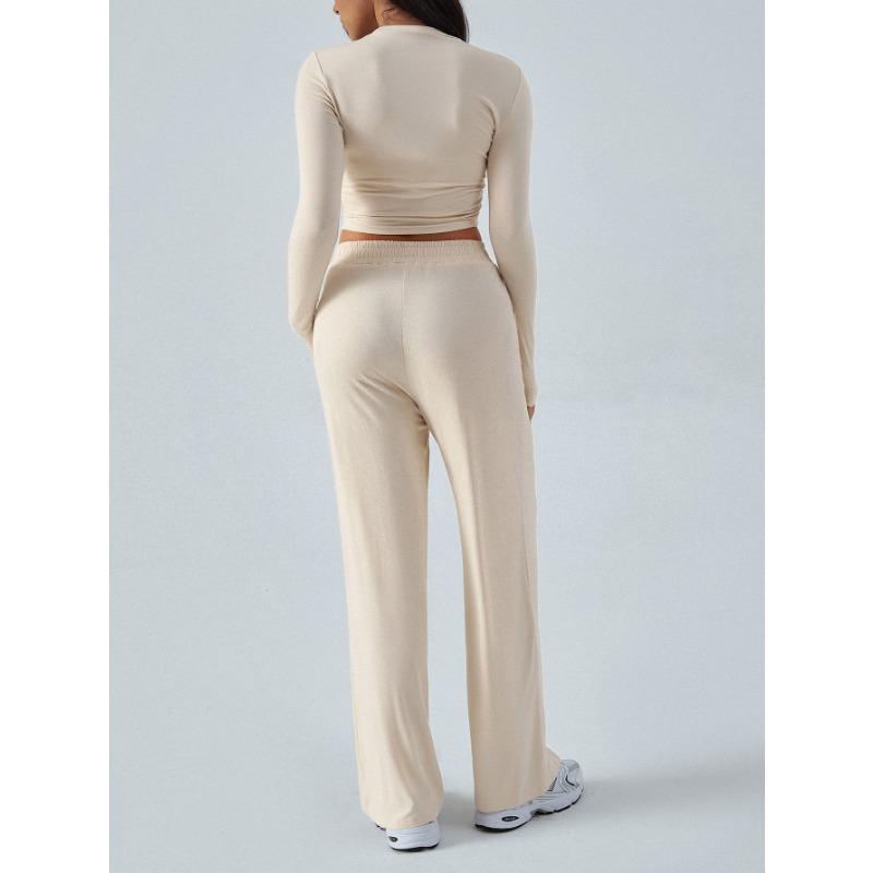 Women Long Sleeve Top Solid Drawstring Wide Leg Casual Pants Two Piece Set