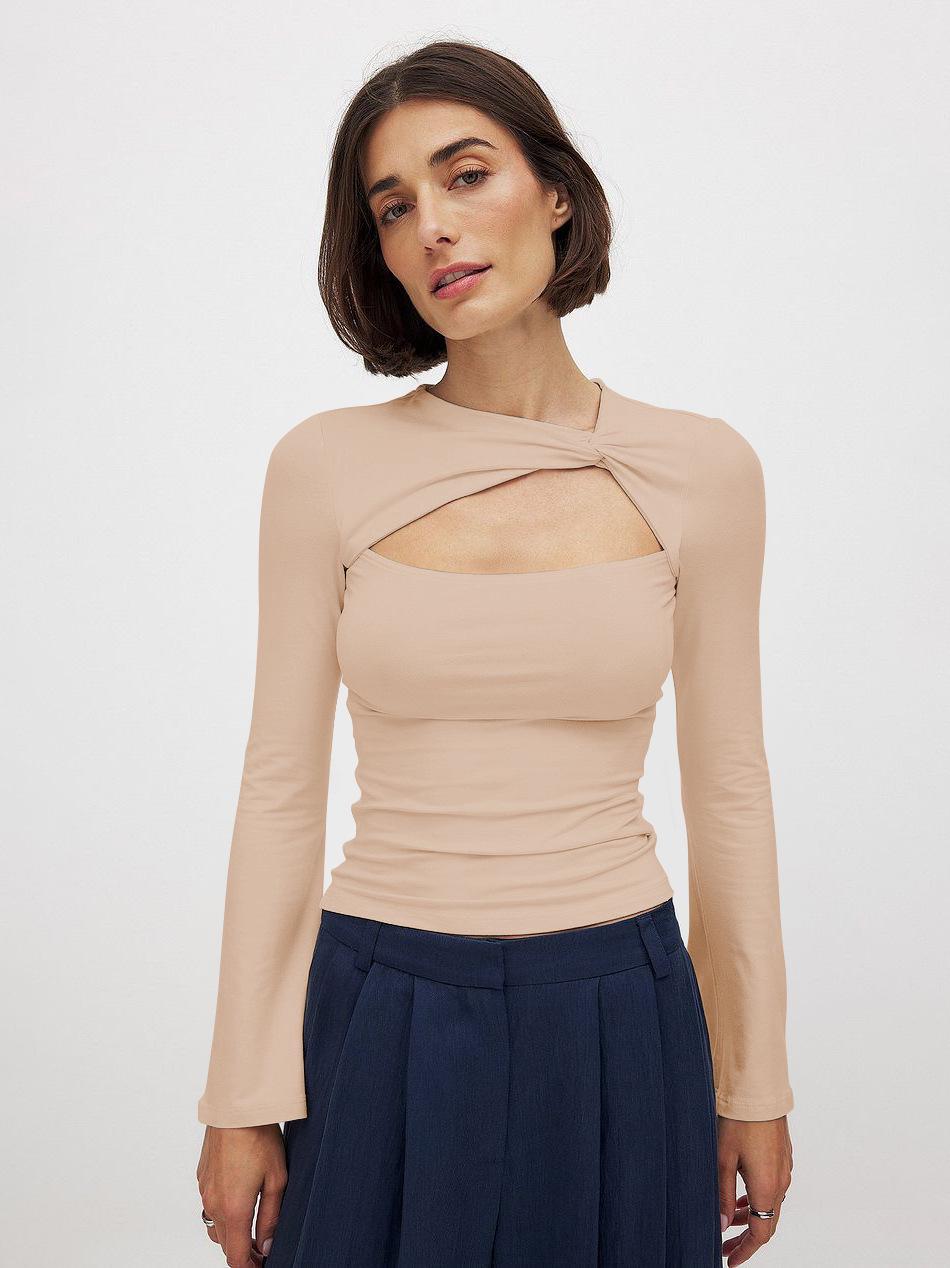 

European & American Women s Solid Color Hollow Twist Long Sleeve Slim Fit T-Shirt Base Layer Small абрикосовий