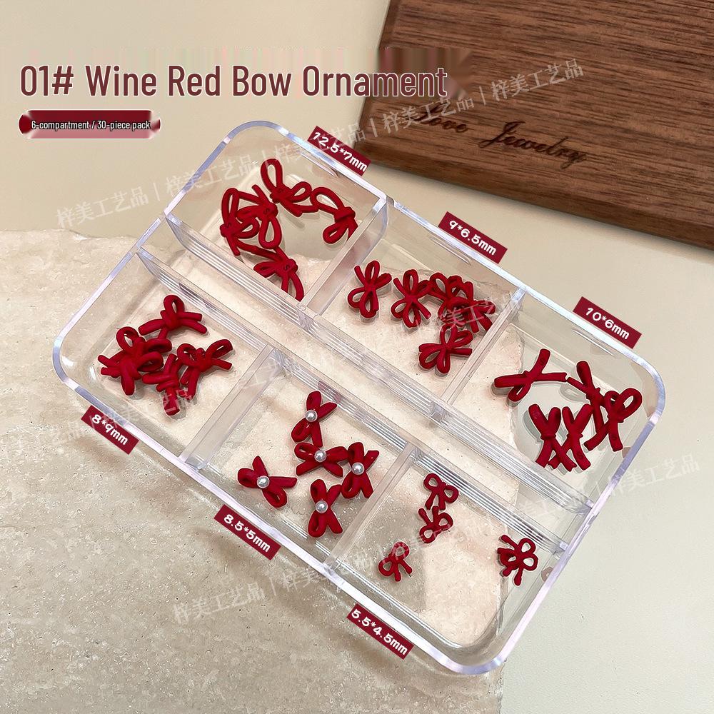 Wine Red Bow Nail Art Decorations - Festive Accessories for New Year & Christmas