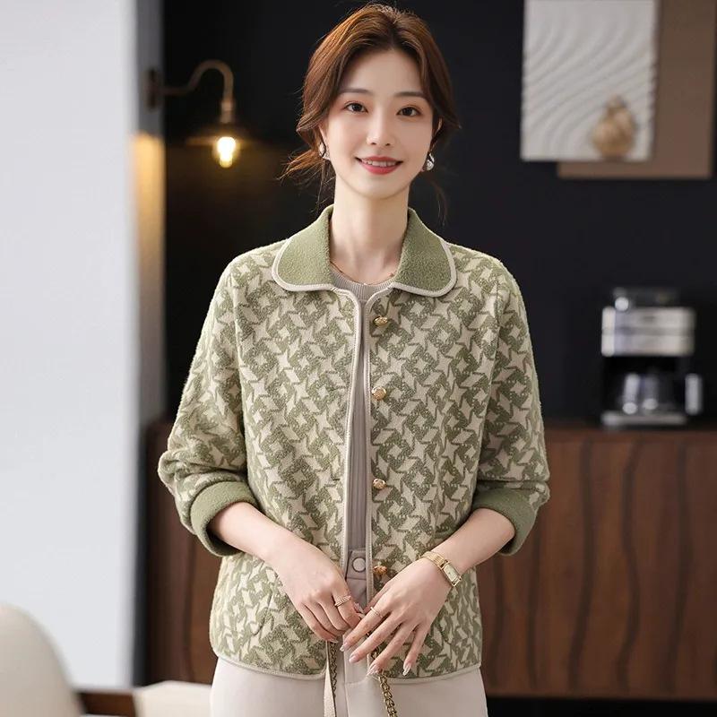 

Mom s spring new noble lapel jacket medium old girl spring and autumn short knitted cardigan top One Size зелёный