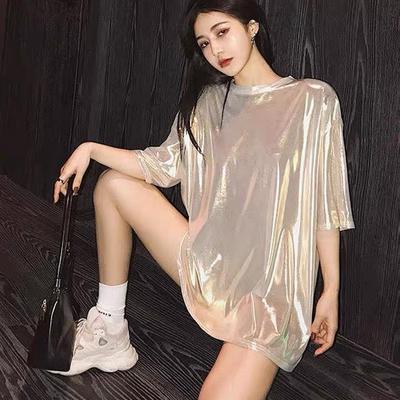 Women's Summer Spring Sparkling T-shirt Trendy Brand Medium Long Plus Size Loose BF Short Sleeve T-shirt