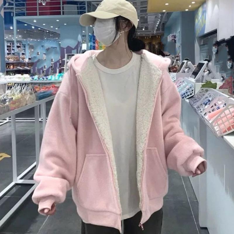 Purple Lamb Wool Zip-Up Thickened Hooded Sweatshirt Jacket Autumn Winter Cardigan