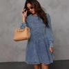 Denim A-Line Dress with Round Neck and Long Sleeves, Casual Stretch Comfort Fit, Two-Tone Options