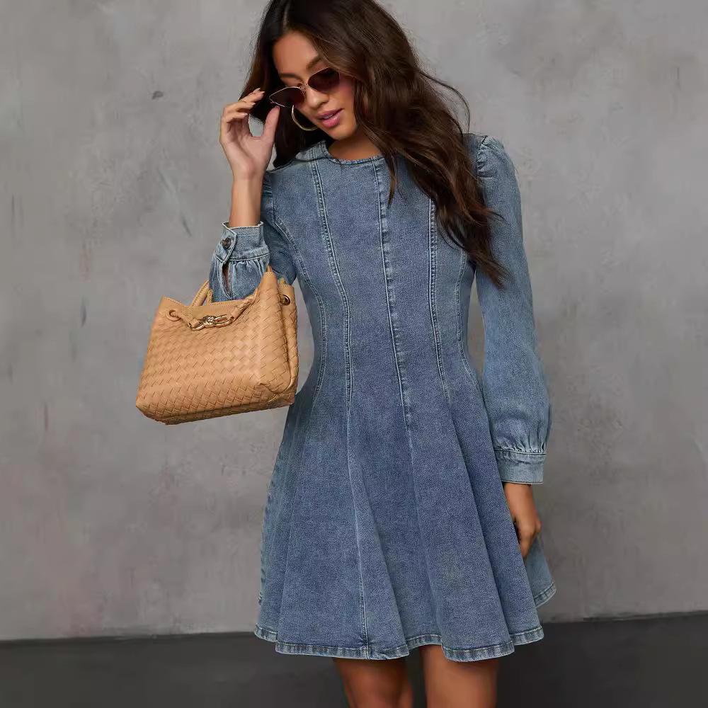 Denim A-Line Dress with Round Neck and Long Sleeves, Casual Stretch Comfort Fit, Two-Tone Options