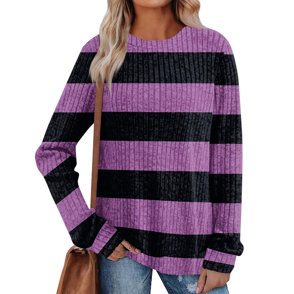 Women's Winter Color-Block Printed Lightweight Brushed-Cotton Round Neck Top