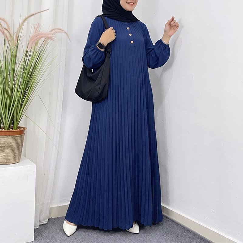 ZANZEA Women Muslim Casual Round Neck Loose Long Sleeve Pleated Dress S