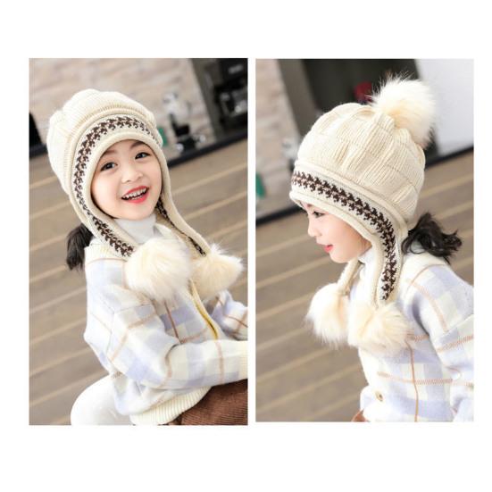 3-12 Years Autumn Winter Kids Beanie Hairball Solid Color Thickened Fleece Lined Jacquard Baby Girls Knitted Hat for Outdoor