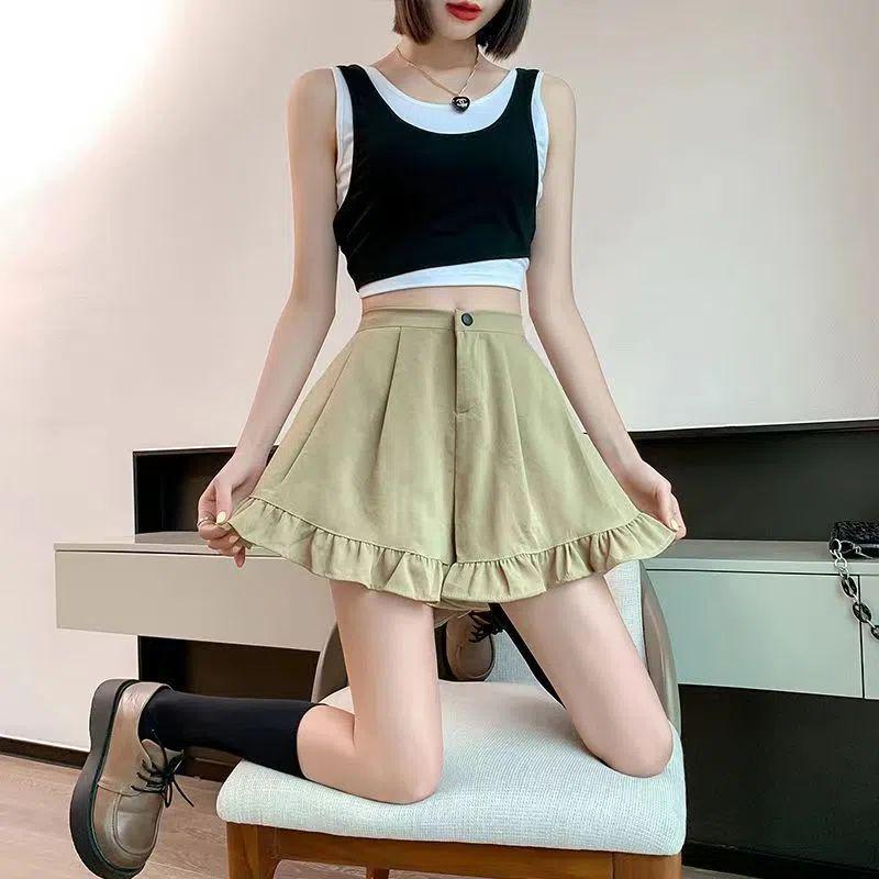 Women's Summer Khaki High-Waisted A-Line Pleated Wide-Leg Pants