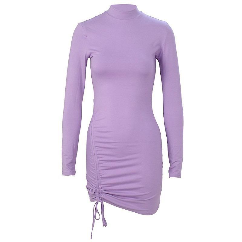 New Elegant Half Turtleneck Long Sleeved Drawstring Pleated Lace-up Dress Spring Autumn Bodycon Party Short Dress Female Solid Color Casual Clothing