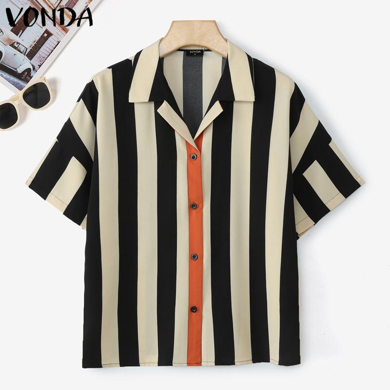 

VONDA Летняя женская блузка с коротким рукавом, в полоску, пэчворк, на пуговицах, повседневная L хаки