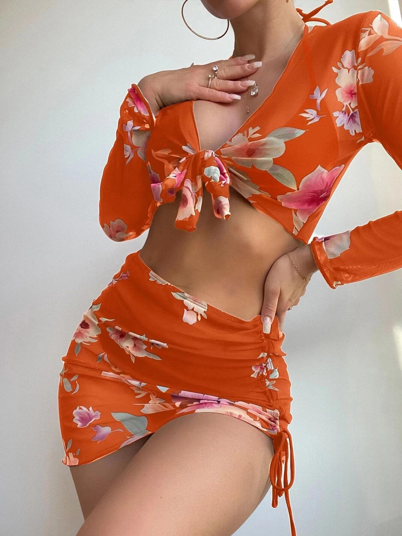 

Swimsuit Women s Split Three or Four Piece Set Printed Drawstring Lace Long Sleeve ins Internet celebrity S оранжевый