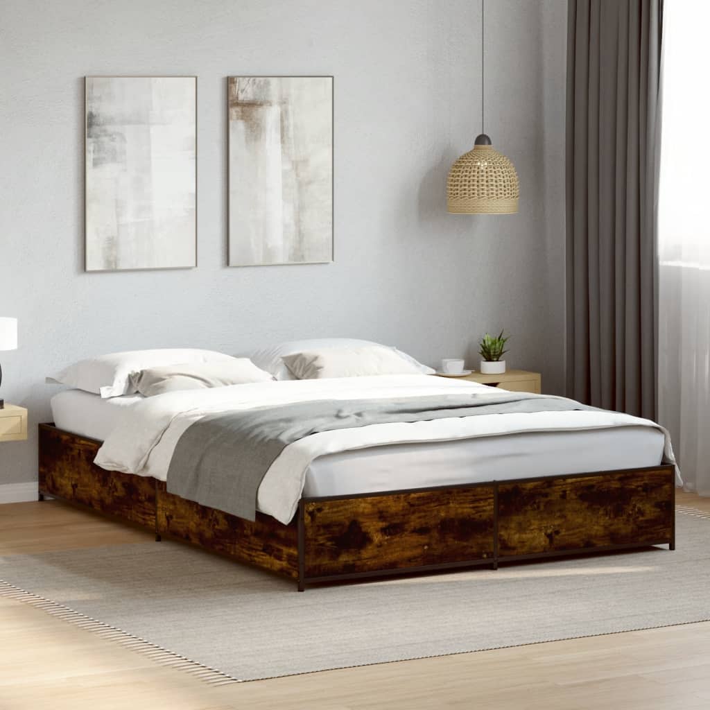 Bed Frame Smoked Oak 140 x 200 cm Wood Based Panel and Metal