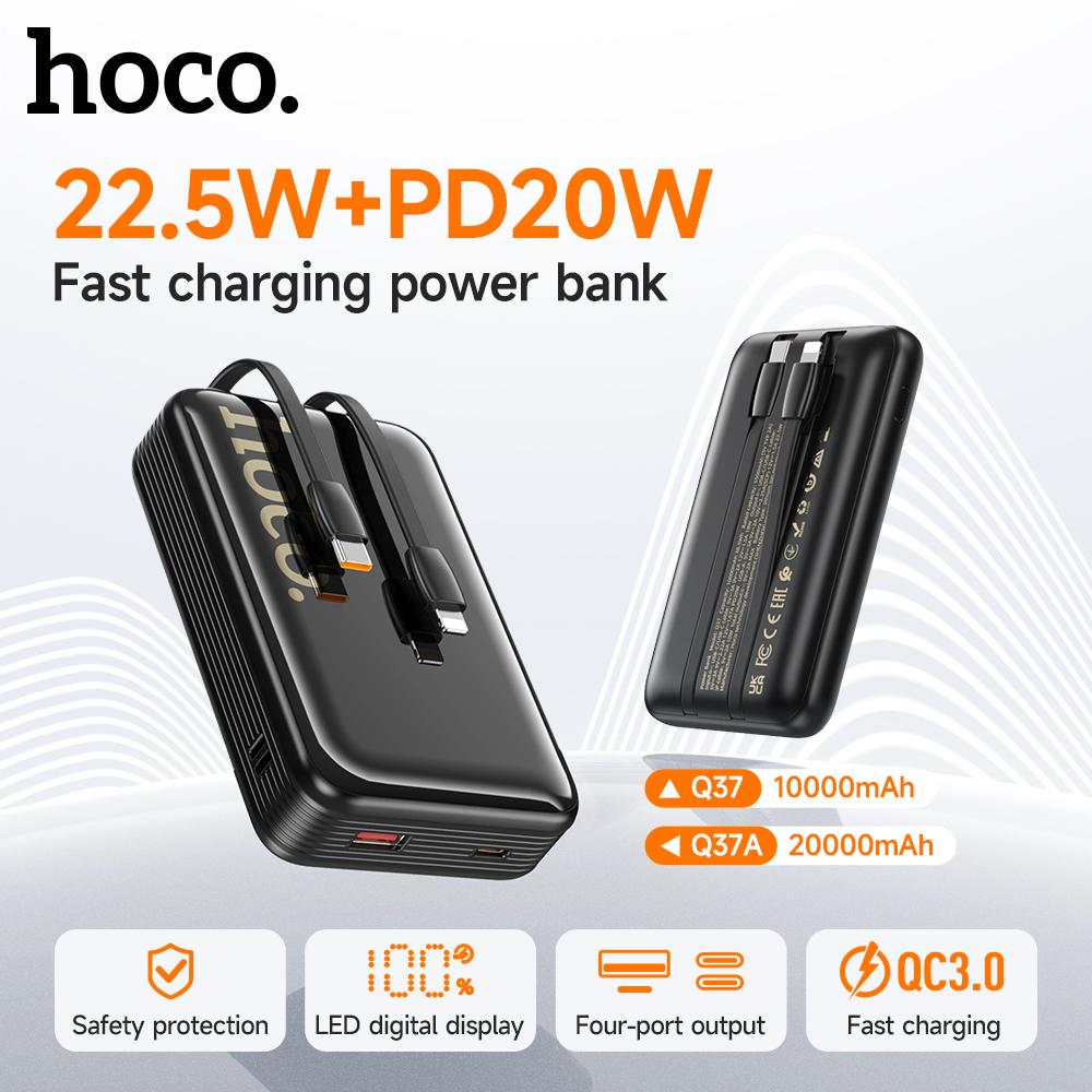Hoco. Q37 10000mAh 22.5W Power Bank with Built-in USB-C/Lightning Cables, PD20W Fast Charging, Digital Display
