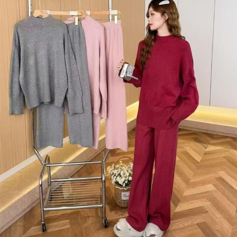 Semi-turtleneck knitted sweater wide-leg pants set women's solid color lazy wind large size loose sweater women's two-piece set